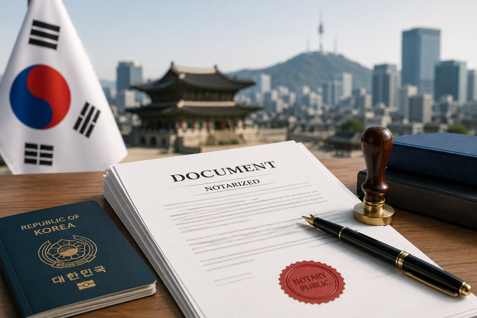 Notarized documents with Korean backdrop