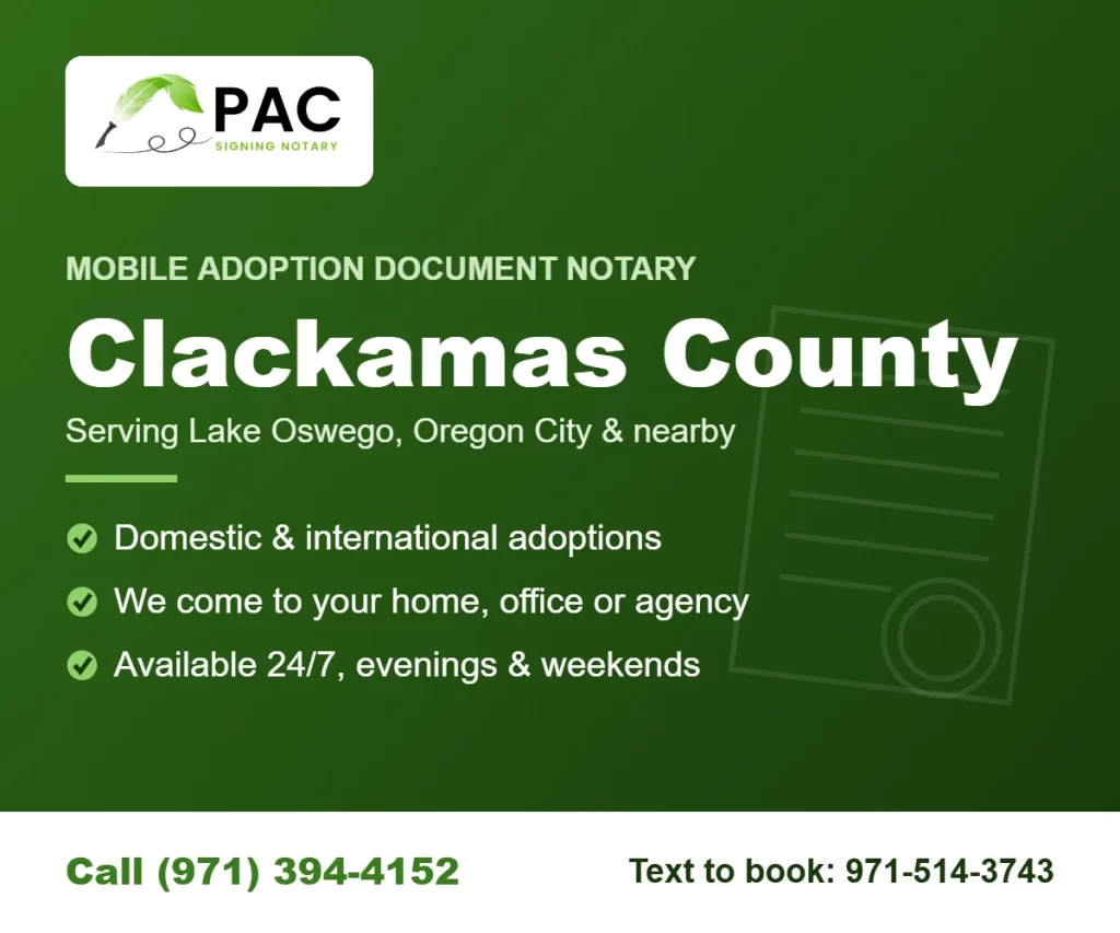 Pac Signing mobile adoption document notary in Clackamas County, Oregon – call (971) 394-4152 or text 971-514-3743