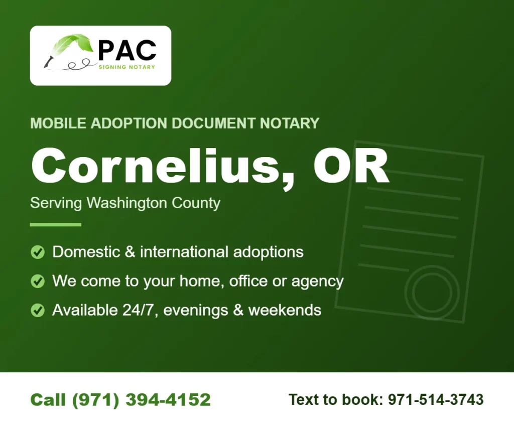 Pac Signing mobile adoption document notary in Cornelius, Oregon – call (971) 394-4152 or text 971-514-3743