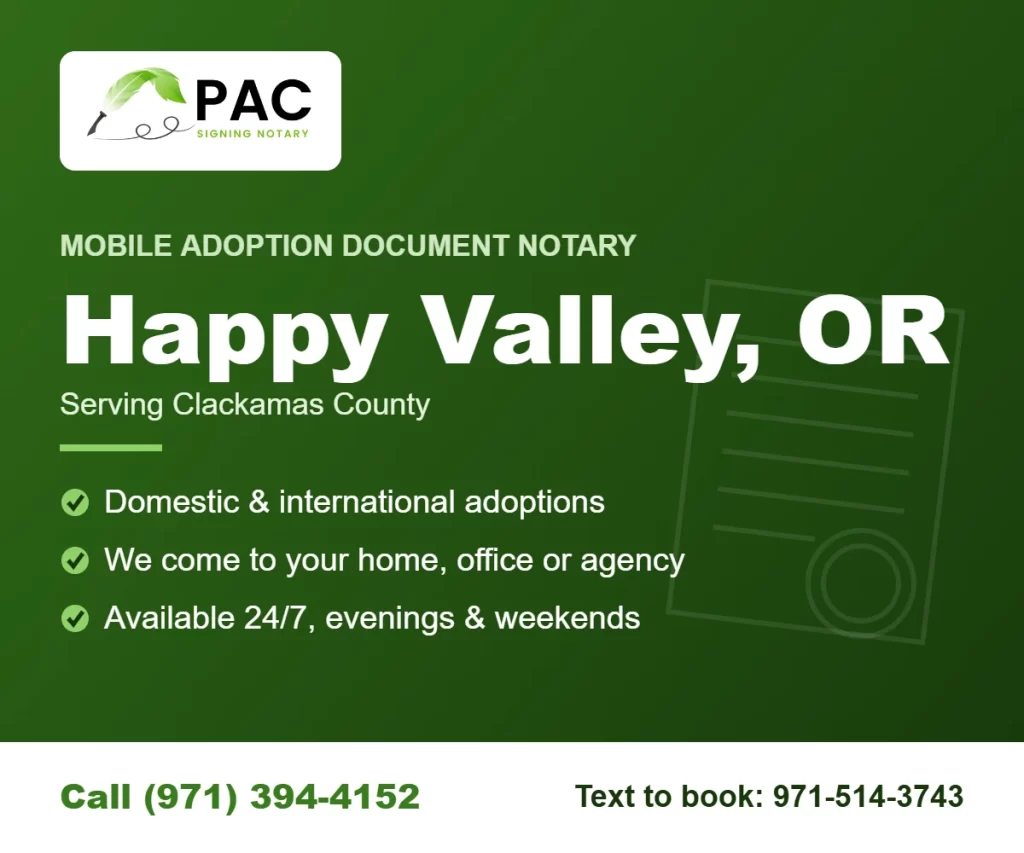 Pac Signing mobile adoption document notary in Happy Valley, Oregon – call (971) 394-4152 or text 971-514-3743