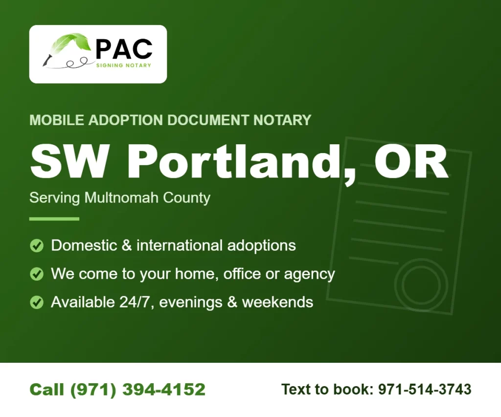 Pac Signing mobile adoption document notary in SW Portland, Oregon – call (971) 394-4152 or text 971-514-3743