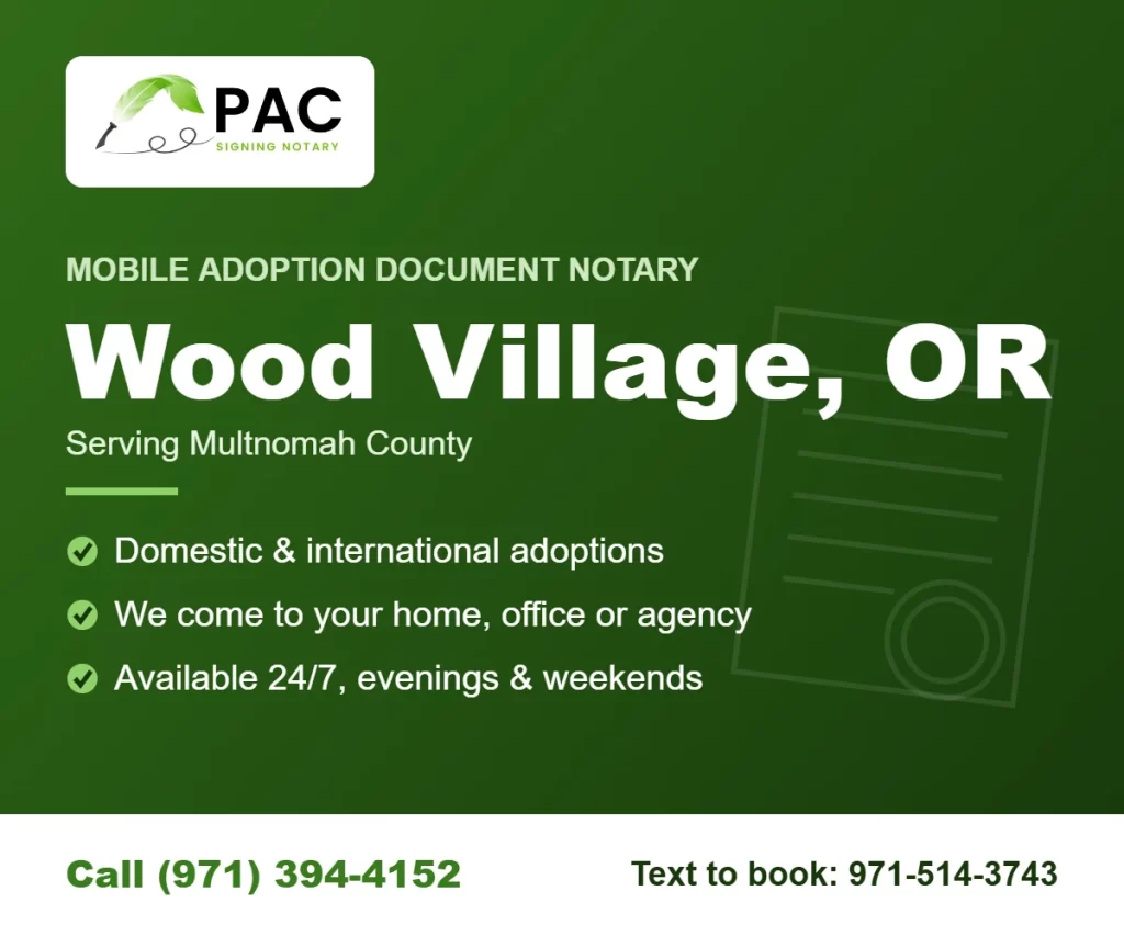Pac Signing mobile adoption document notary in Wood Village, Oregon – call (971) 394-4152 or text 971-514-3743
