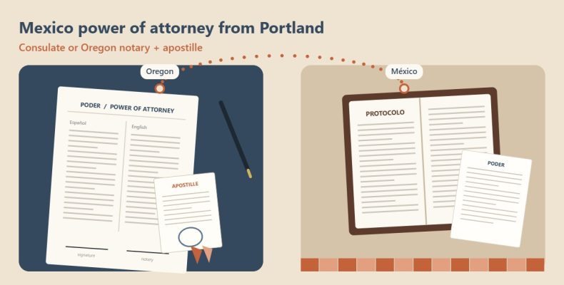 Illustration of a bilingual power of attorney with an Oregon apostille going from an Oregon notary desk to a records book in Mexico